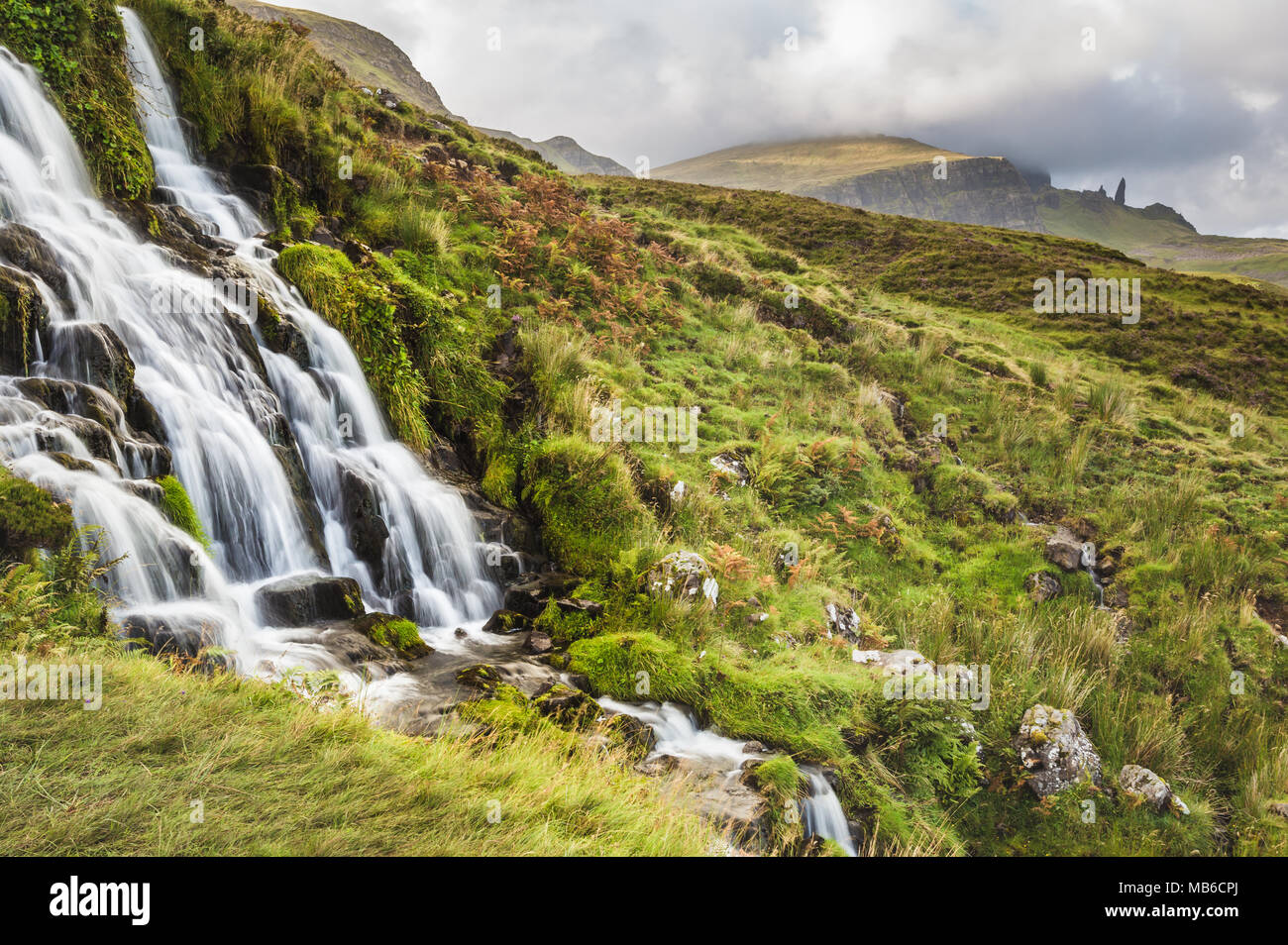 Waterfall below Old Man of Storr, near Portree, Isle of Skye, Highland, Scotland, United Kingdom, Europe Stock Photo
