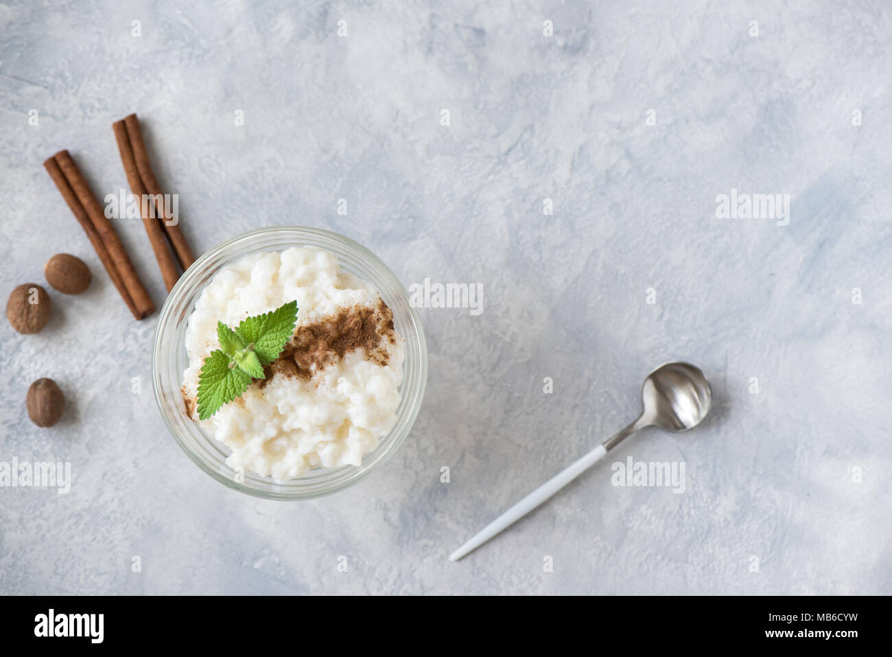 Rice Pudding with Cinnamon and Nutmeg. Healthy traditional homemade