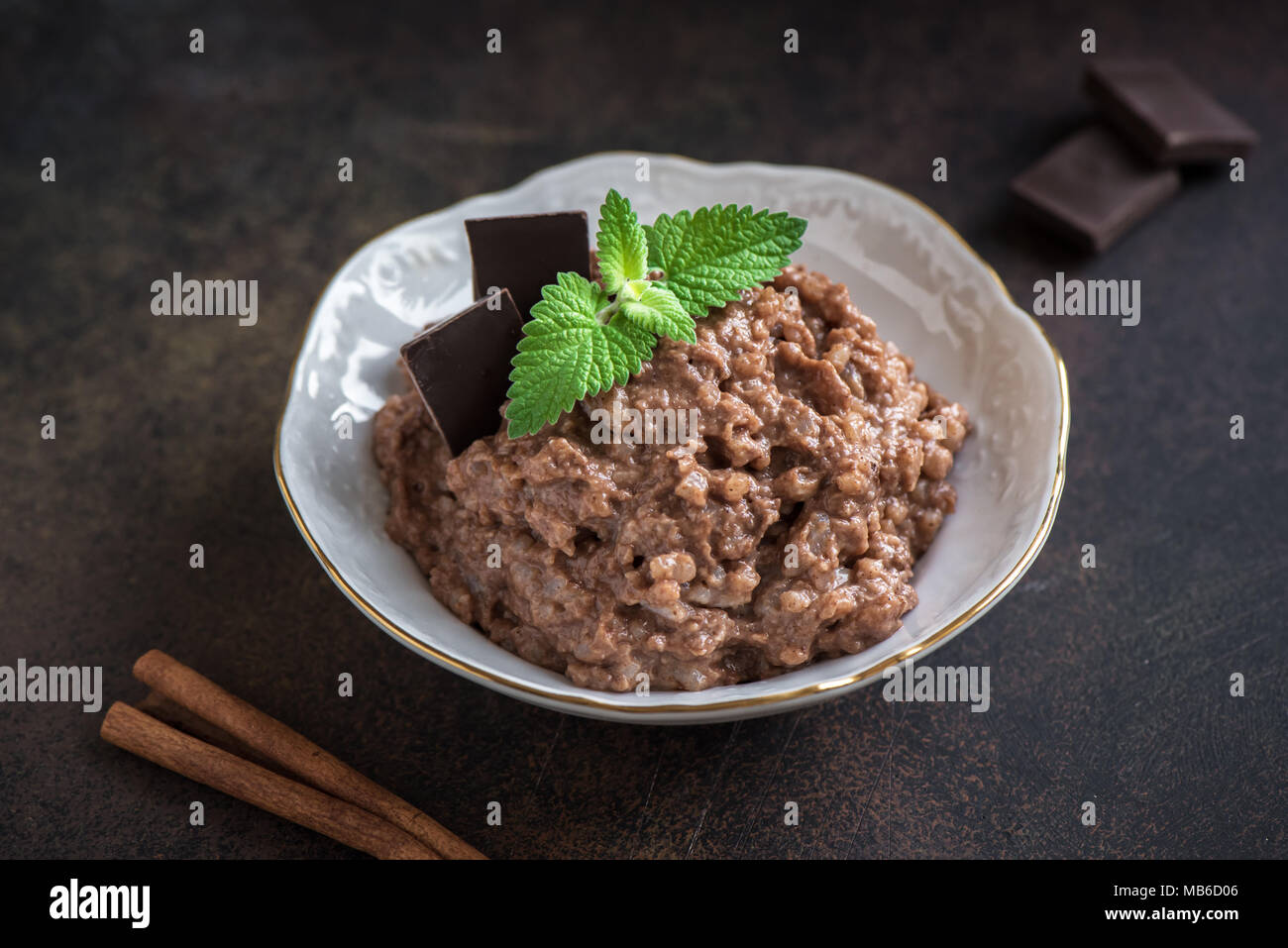 Chocolate Rice Pudding with Cinnamon. Healthy traditional homemade