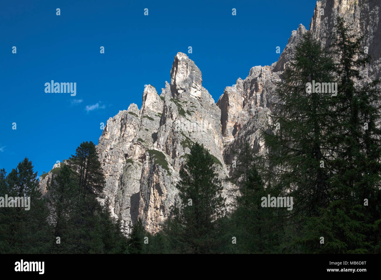 The Ciastel de Chedul an out crop of Monte de Seura rising above the Langental Selva Val Gardena Dolomites Italy Stock Photo