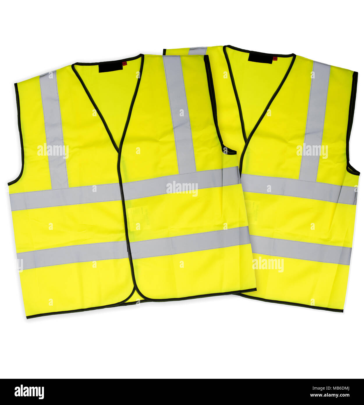 Two high visibility vests on white background Stock Photo