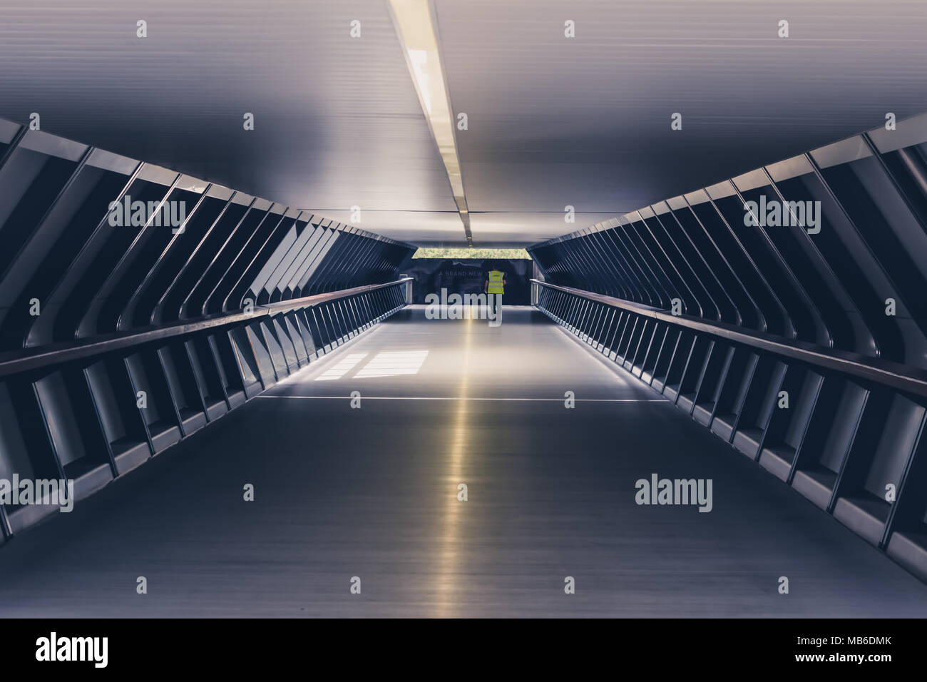 A person walking through the Adams Plaza Bridge tunnel footbridge which connects Crossrail Place with One Canada Square, Canary Wharf, London Stock Photo