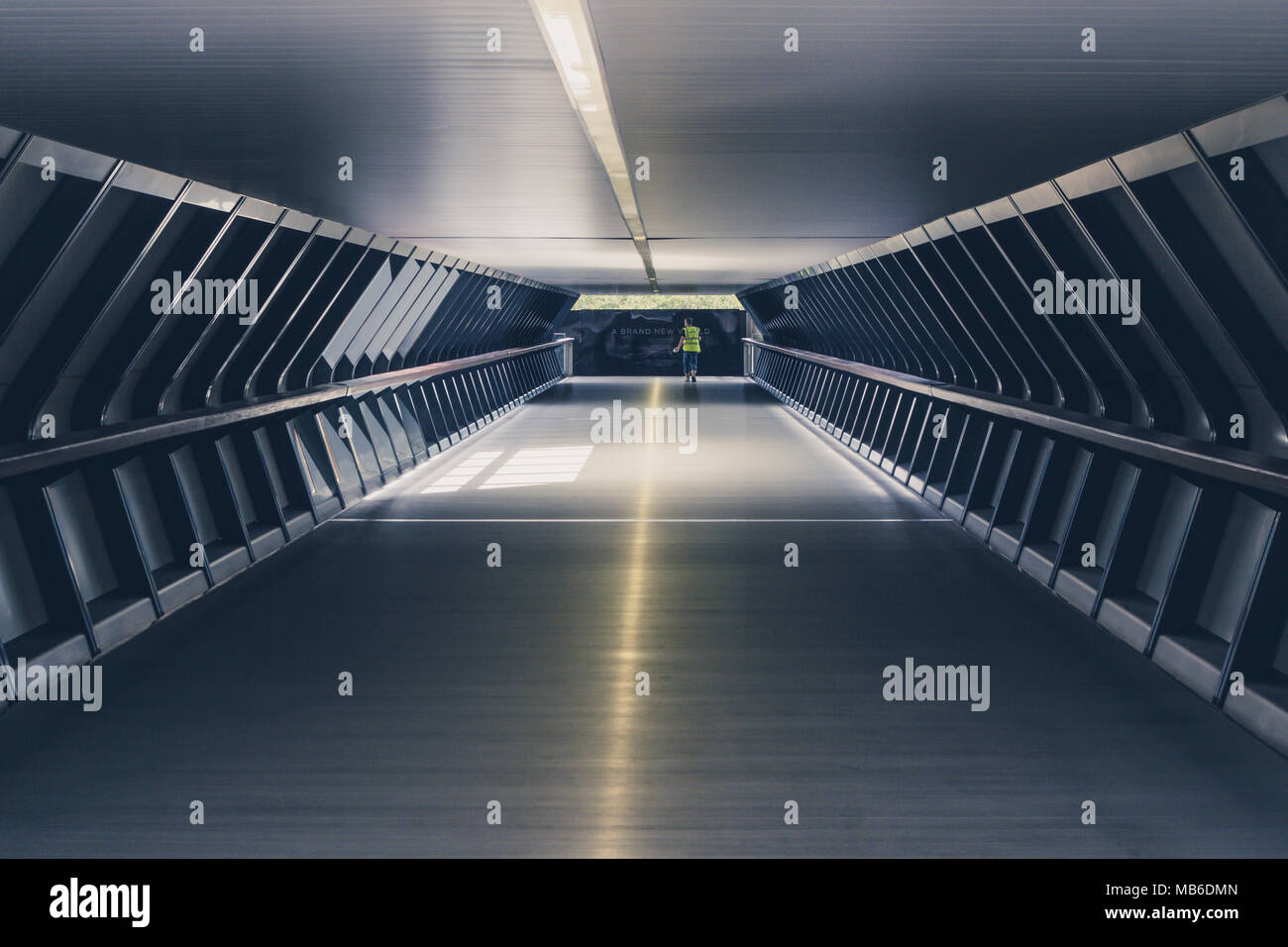 A person walking through the Adams Plaza Bridge tunnel footbridge which connects Crossrail Place with One Canada Square, Canary Wharf, London Stock Photo