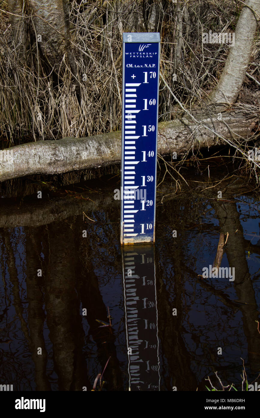 Blue water depth measuring scale in a small river Stock Photo