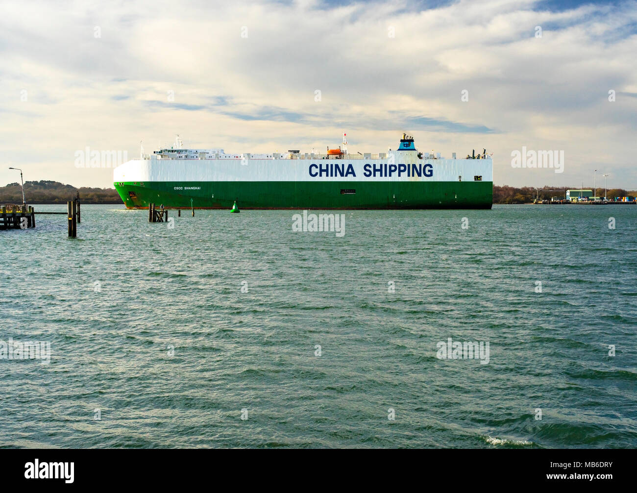 CSCC Shanghai vehicle carrier ship leaving Southampton Docks exporting cars to China Stock Photo
