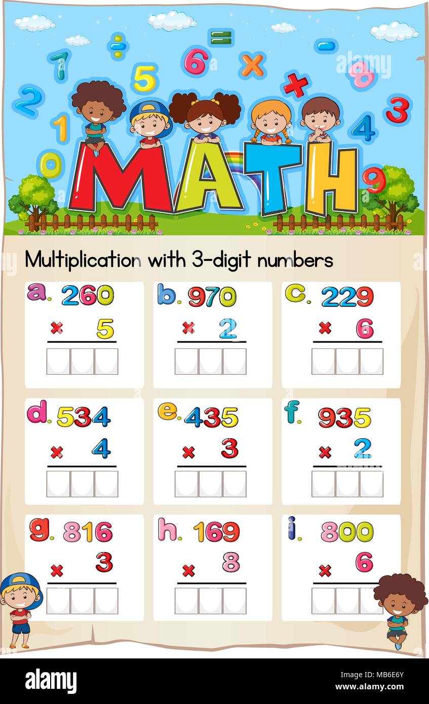 Math worksheet for multiplication with three digit numbers illustration ...