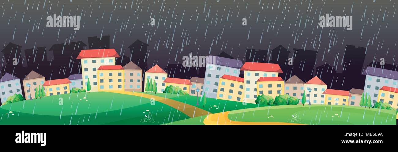 City scene with rain in dark sky illustration Stock Vector Image & Art ...