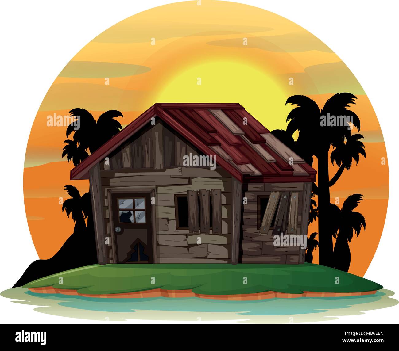 Background scene with old wooden house on island illustration Stock ...