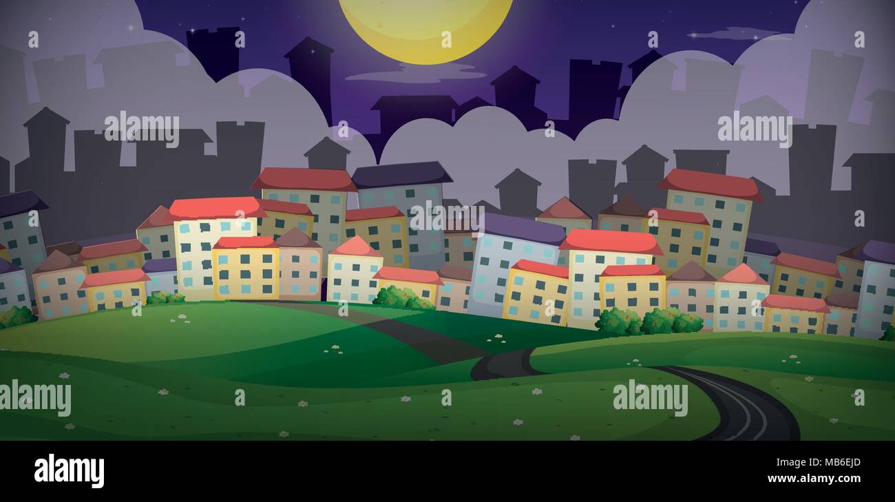 Background scene with houses in village on the hills illustration Stock ...