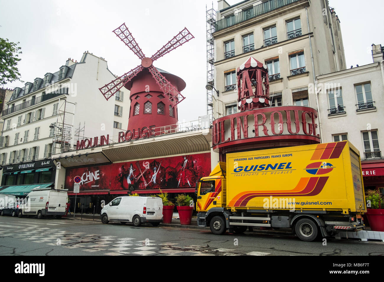 Moulin Rouge is a cabaret in Paris,  co-founded in 1889 by Charles Zidler and Joseph Oller, but burnt in 1915 Stock Photo