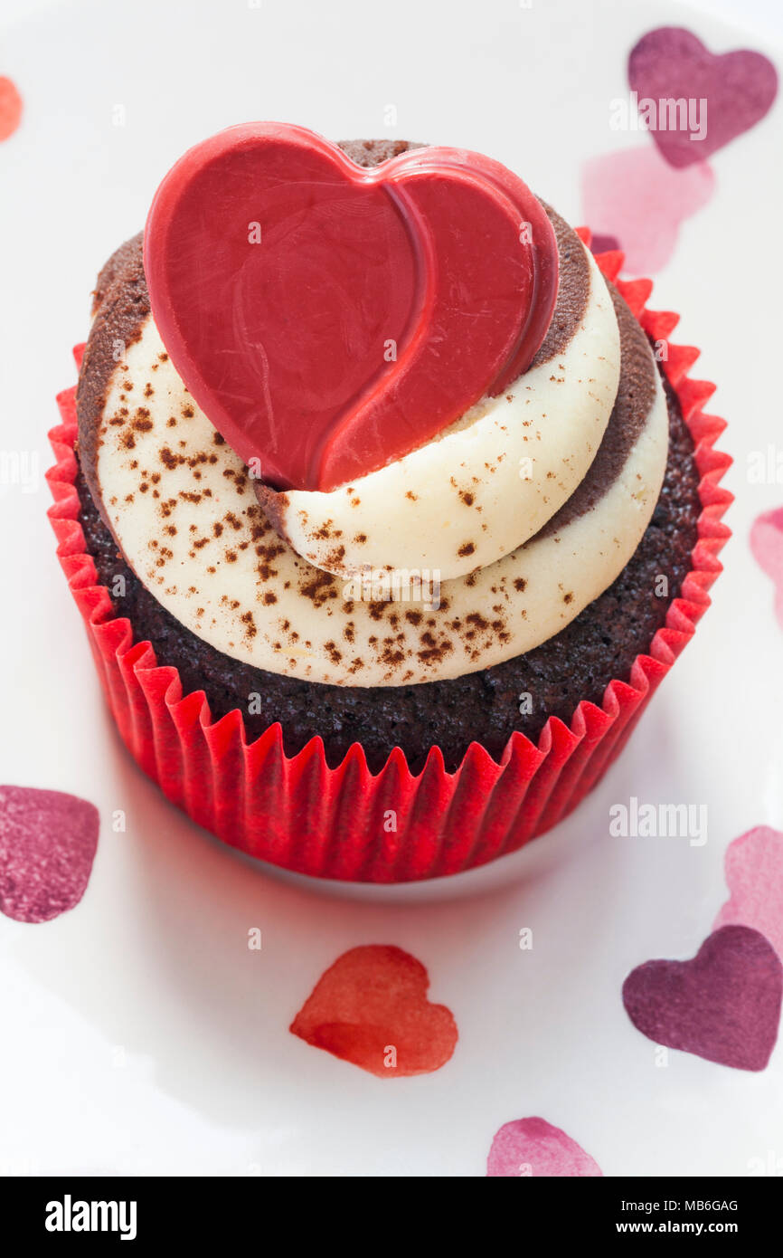 M S Chocolate Heart Cupcake Set On Plate With Hearts On M S Chocolate Heart Cupcake Set On Plate With Hearts On
