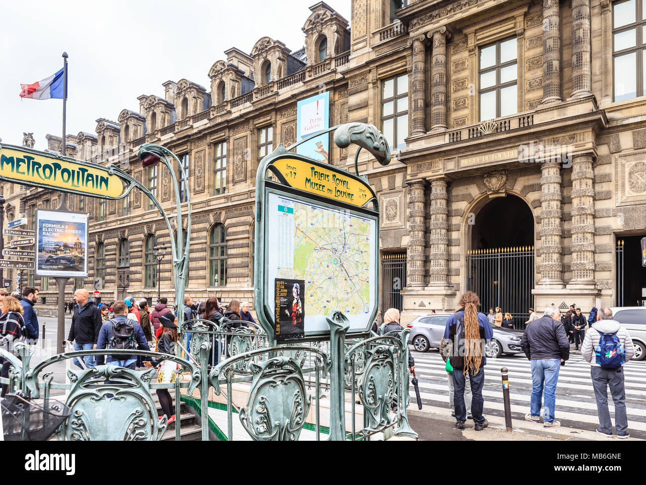 Paris metro subway entry  fronting the Louvre Museum.  Palais Royale Musee du Louvre metro station. Paris. France Stock Photo