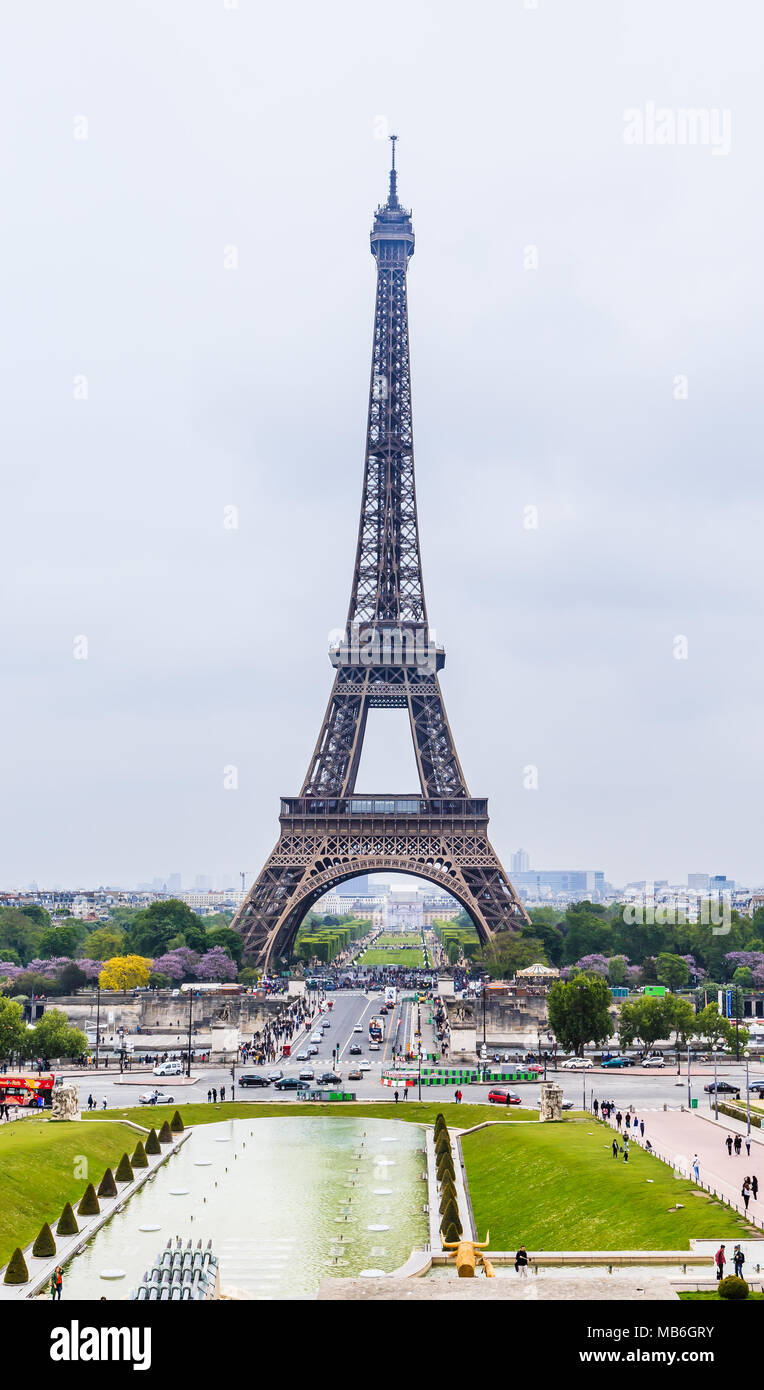 View of the Eiffel tower from observation deck at the Palais de