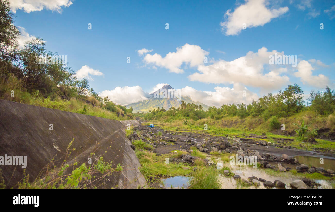 Mayon Volcano in Legazpi, Philippines. Mayon Volcano is an active volcano and rising 2462 meters from the shores of the Gulf of Albay. Stock Photo