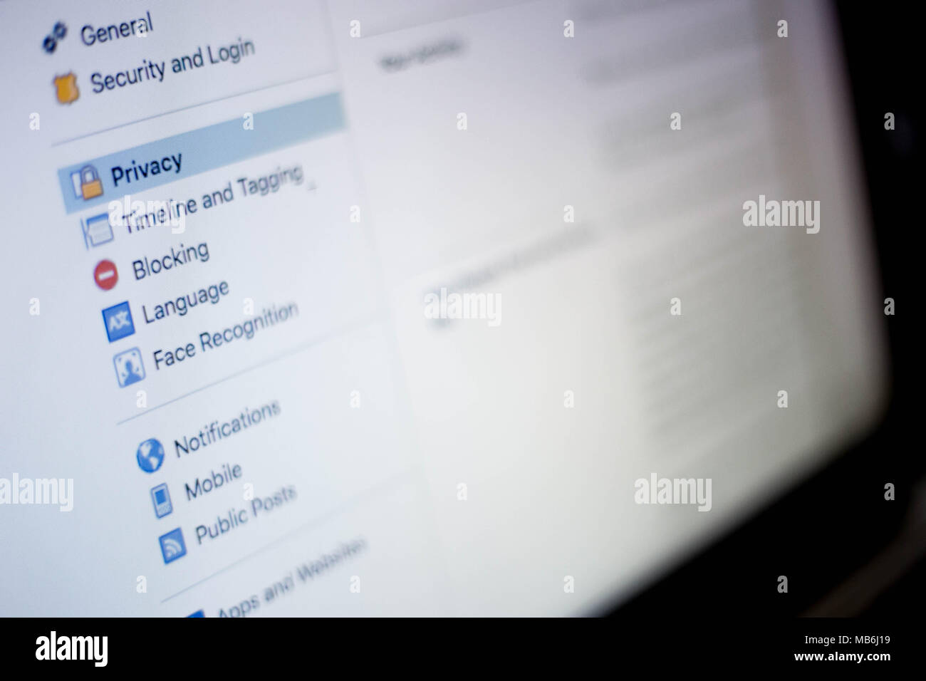 In a photo illustration, the privacy settings page on the Facebook website is seen on a computer screen, April 7, 2018. Stock Photo