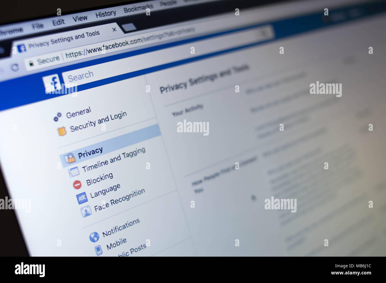In a photo illustration, the privacy settings page on the Facebook website is seen on a computer screen, April 7, 2018. Stock Photo