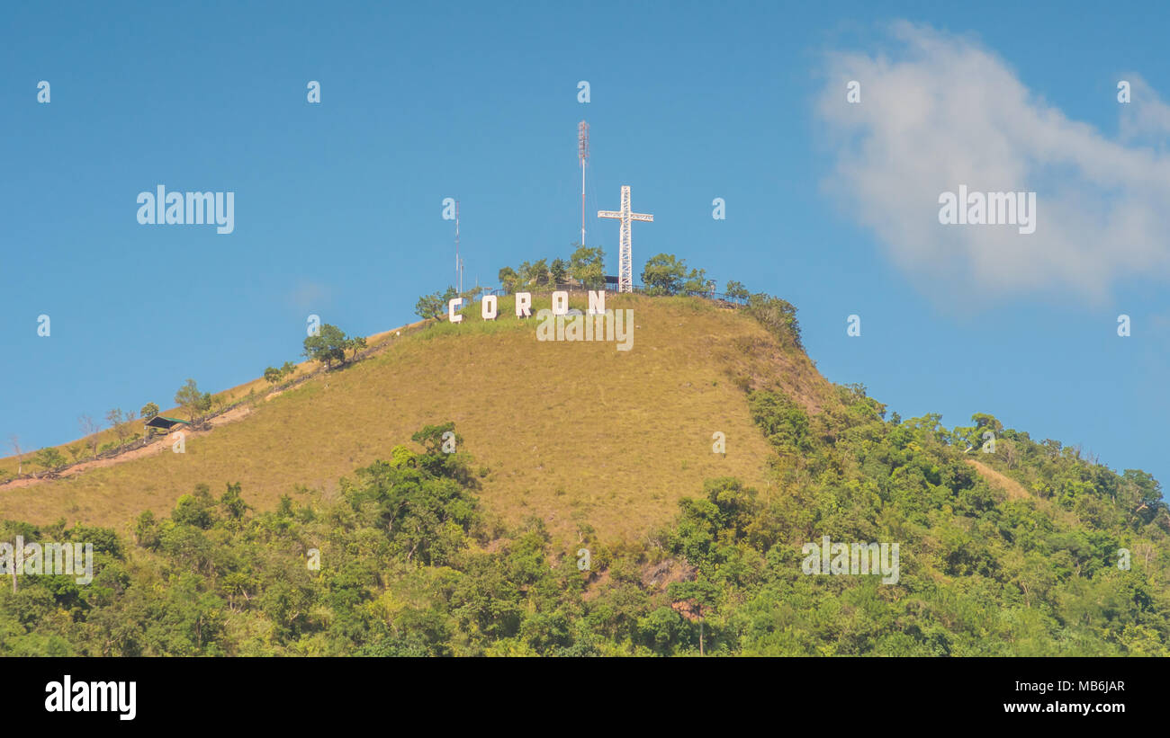 Coron sign with huge white letters on top of mount Tapyas - Main island in Busuanga territory at Calamian archipelago in northern part of Palawan. Stock Photo
