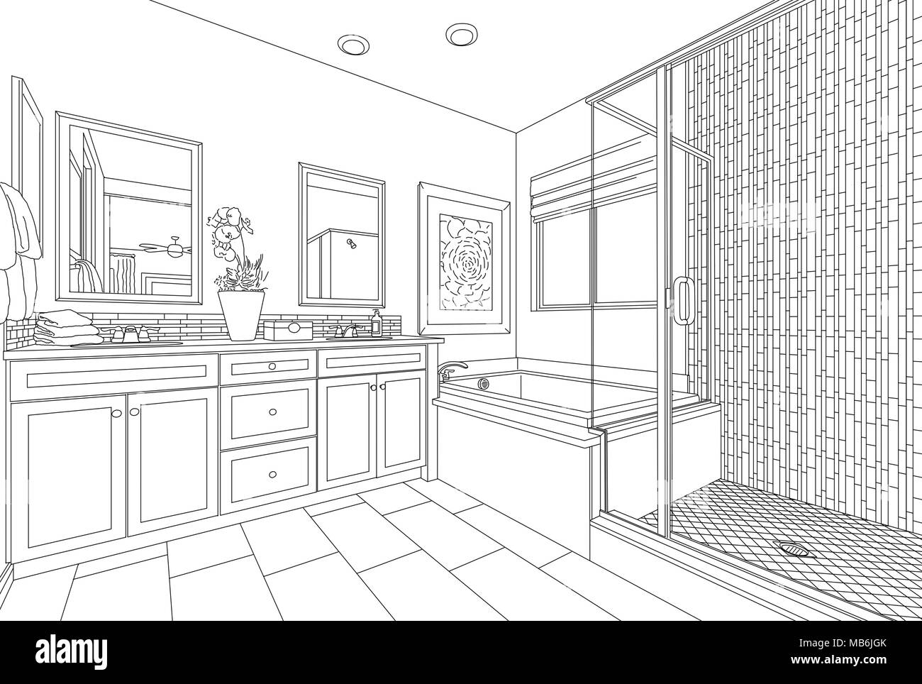 Detailed Drawing of A Custom Master Bathroom on White Stock Photo - Alamy