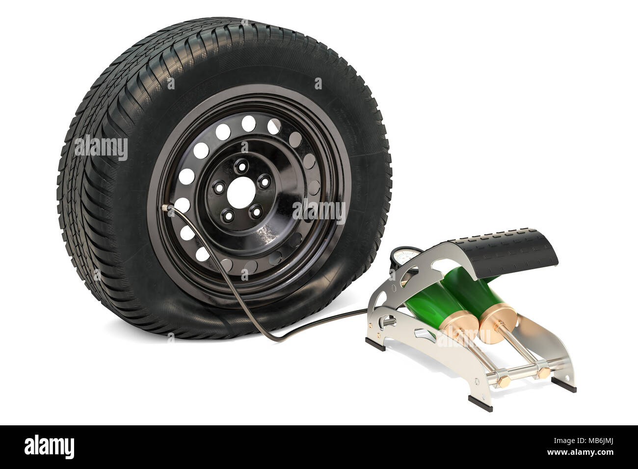 Puncture car wheel with high pressure air foot pump, 3D rendering isolated on white background Stock Photo