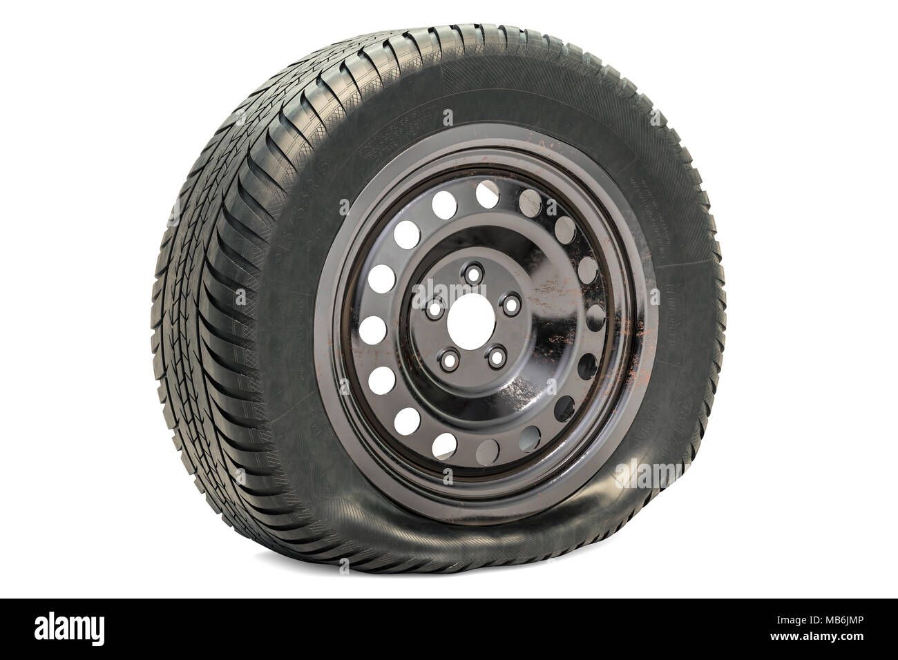 Punctured car wheel, flat tire. 3D rendering isolated on white