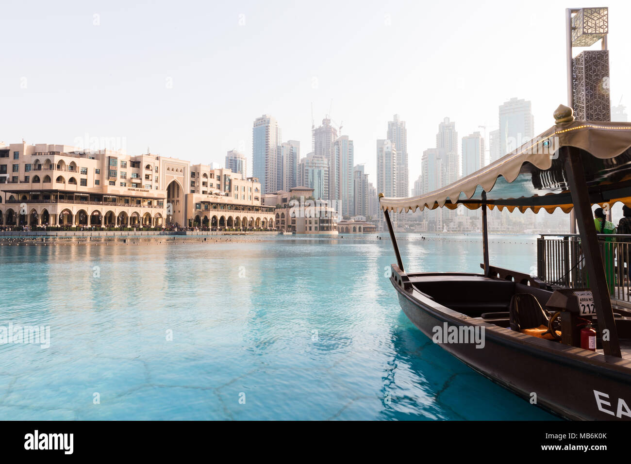 Dubai, United Arab Emirates, March 27th 2018: Calm day near the dancing fountain of Dubai Stock Photo