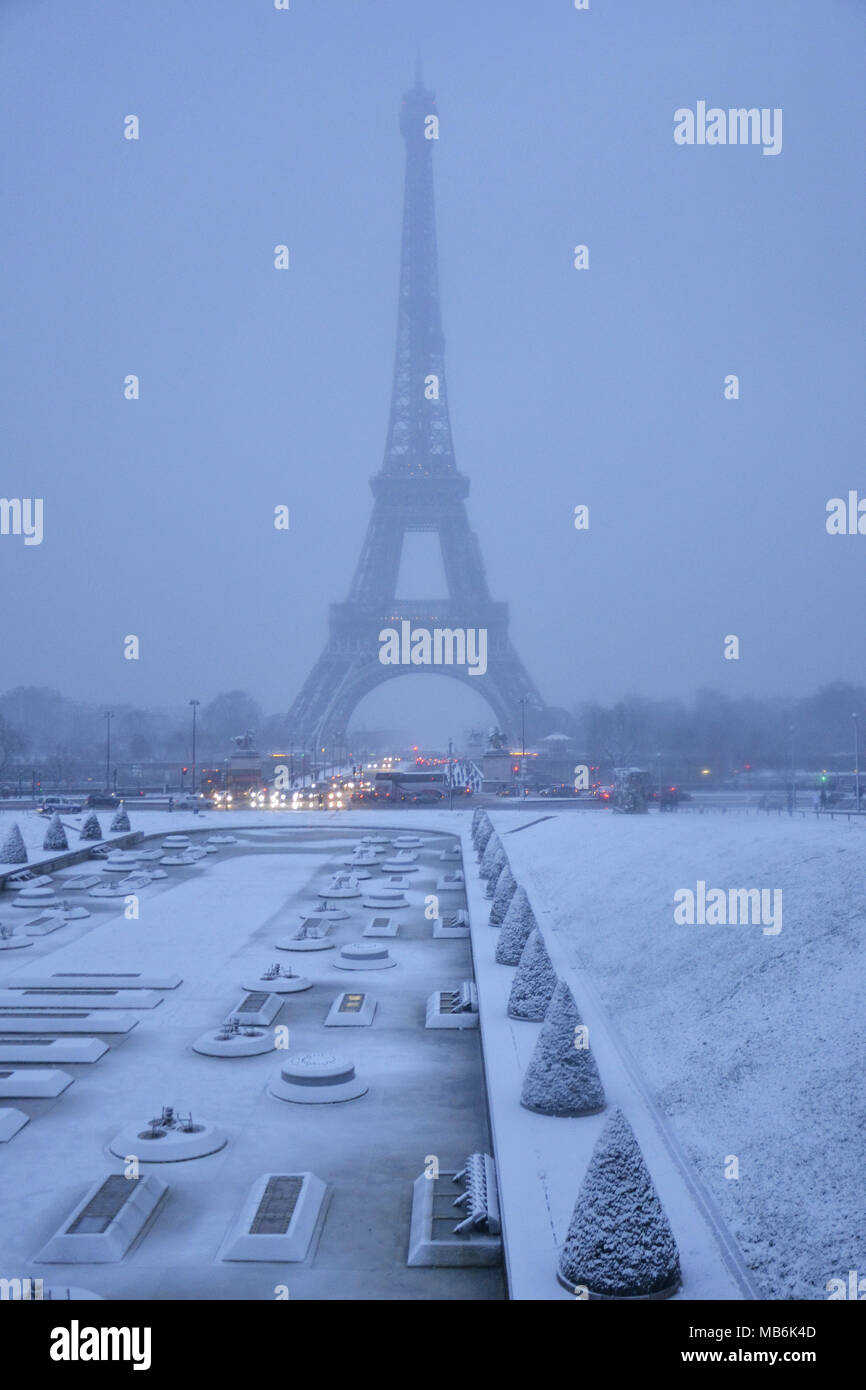 Paris under snow, a exceptional moment in the city; Nobody is on the street. Stock Photo