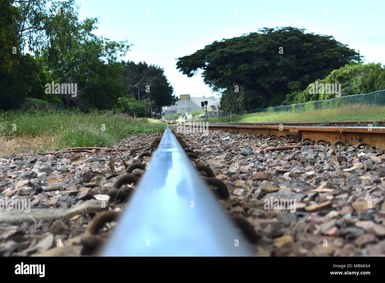 Point of view train tracks. Stock Photo
