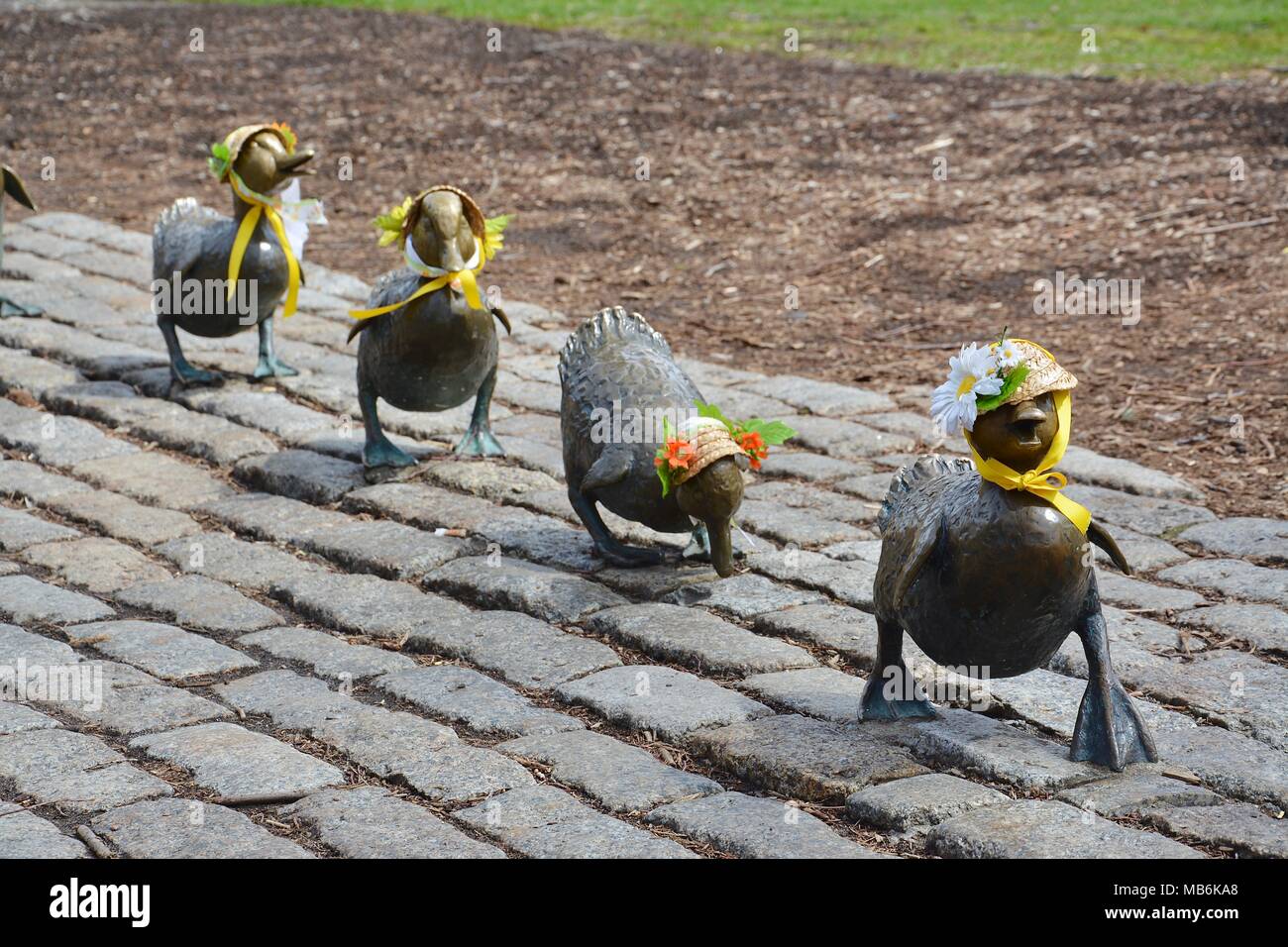 The iconic Make Way For Ducklings Statue in the Boston Public Garden