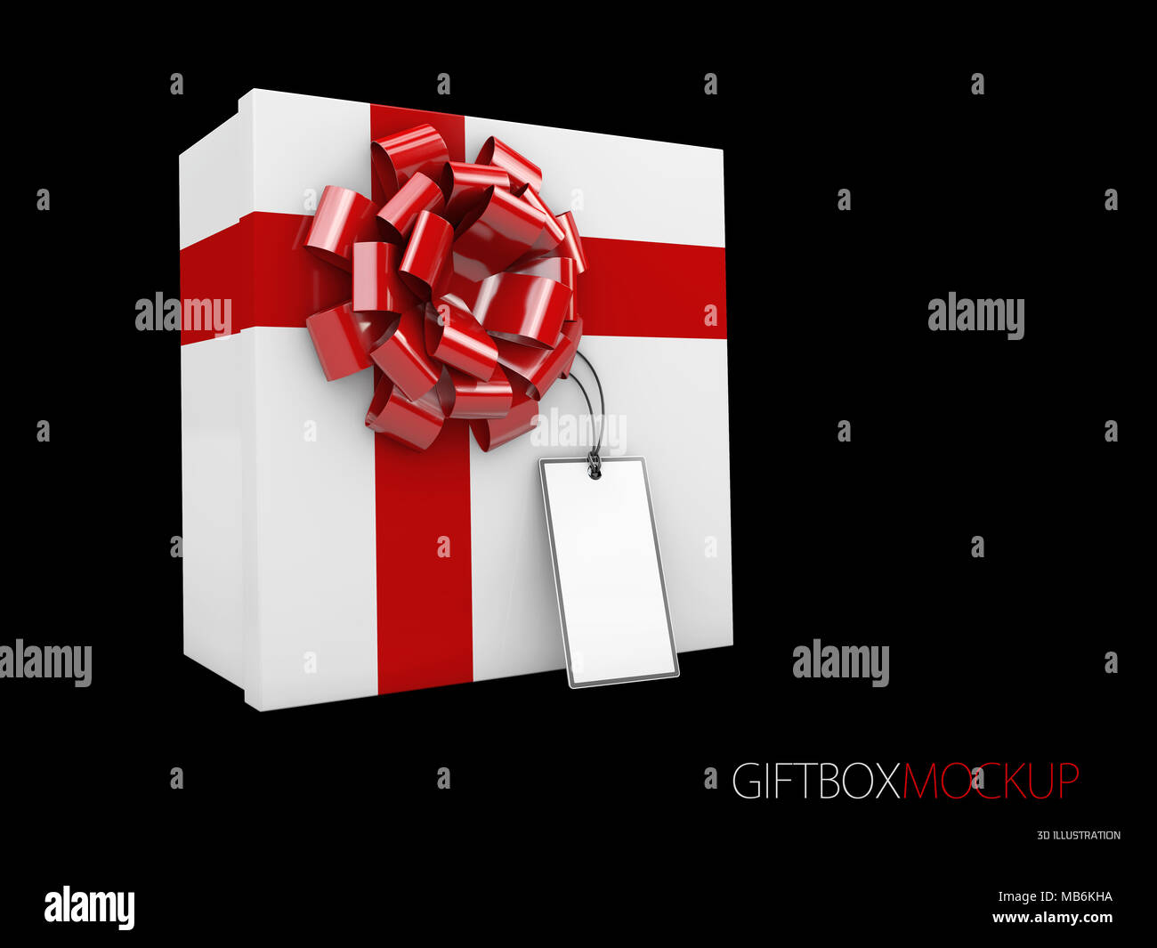 3d Illustration of White Square Gift Box with Red Ribbon and lable ...