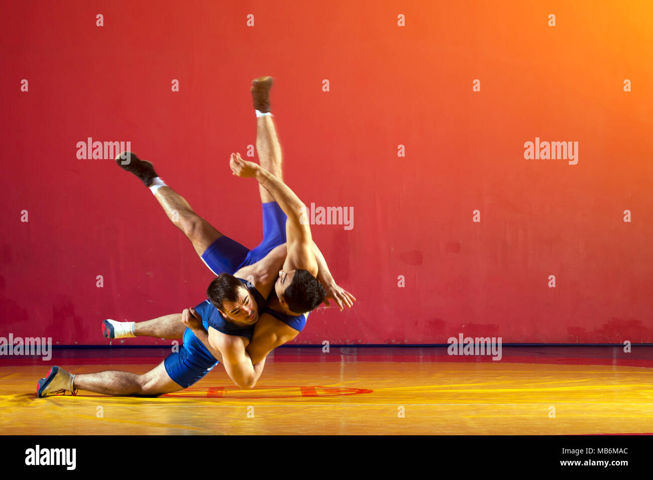 Two strong wrestlers in blue wrestling tights are wrestlng and making a