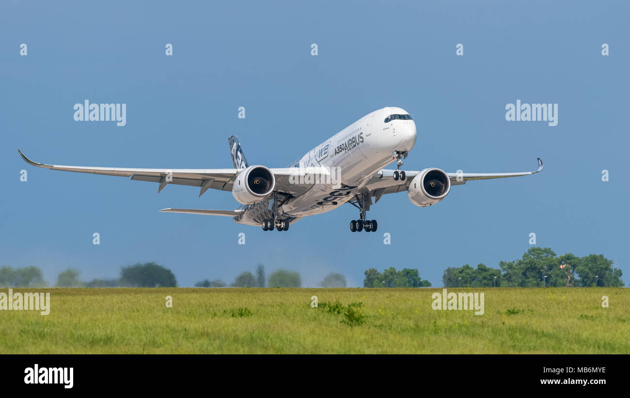 Airbus A350-941 (reg. F-WWCF, MSN 002) in Airbus promotional CFRP livery at ILA Berlin Air Show 2016. Stock Photo