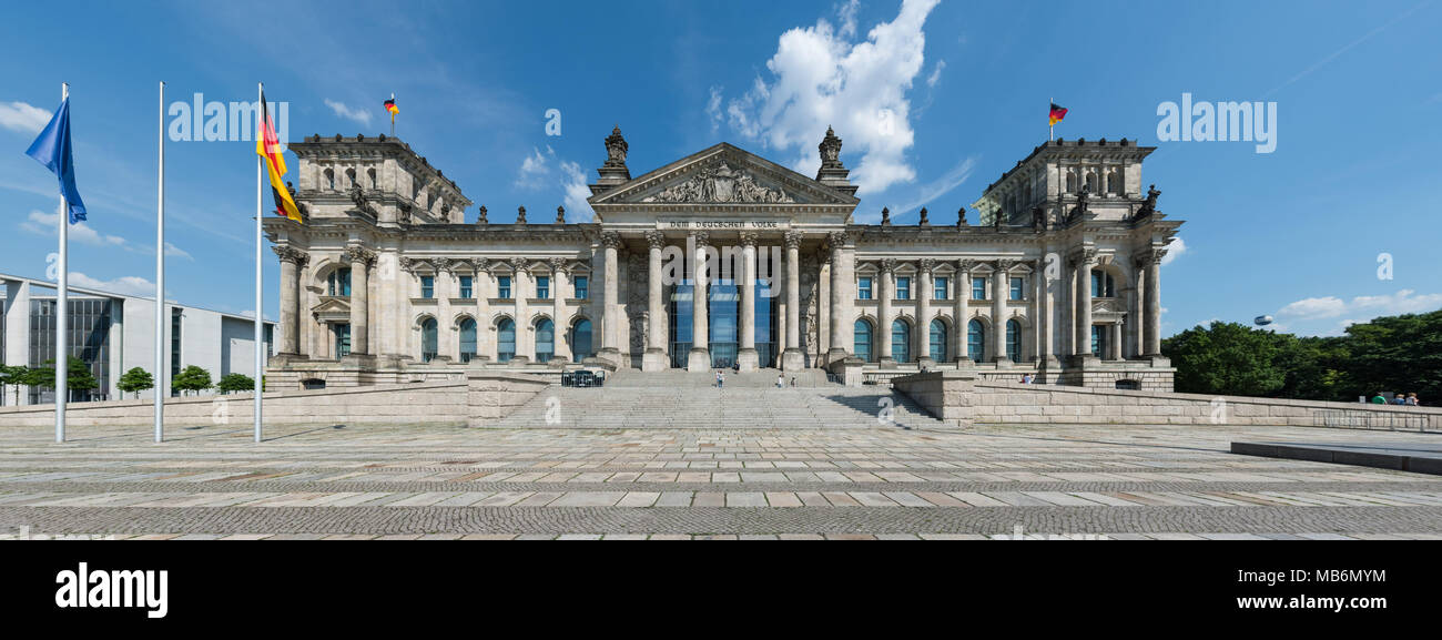 Central symmetrical front view of the Reichstagsgebäude in Berlin, home of the German parliament, the Bundestag. Stock Photo