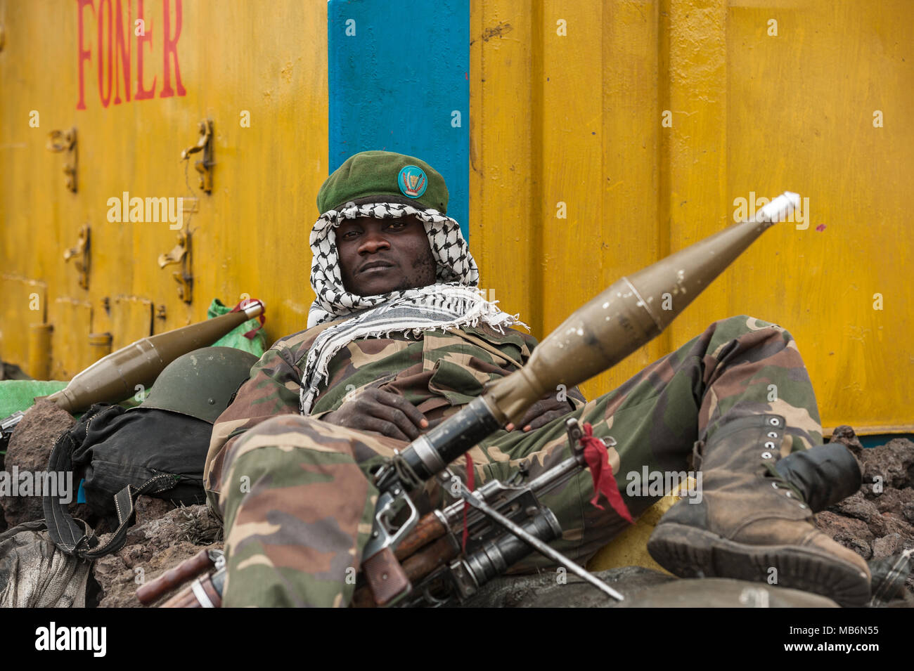 DRC government soldier during the conflict with the Rwandan sponsored M23 militia Stock Photo