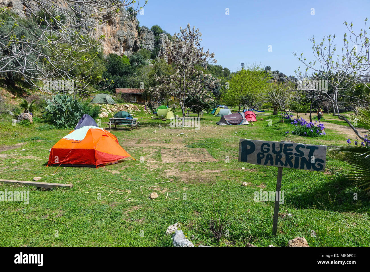 Tents on camp-ground, Jo Si To, climbers camp ground, Geyikbayırı, Antalya, Turkey Stock Photo
