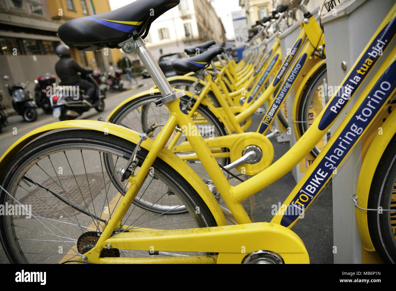 Cycles for hire, Turin, Italy. Stock Photo