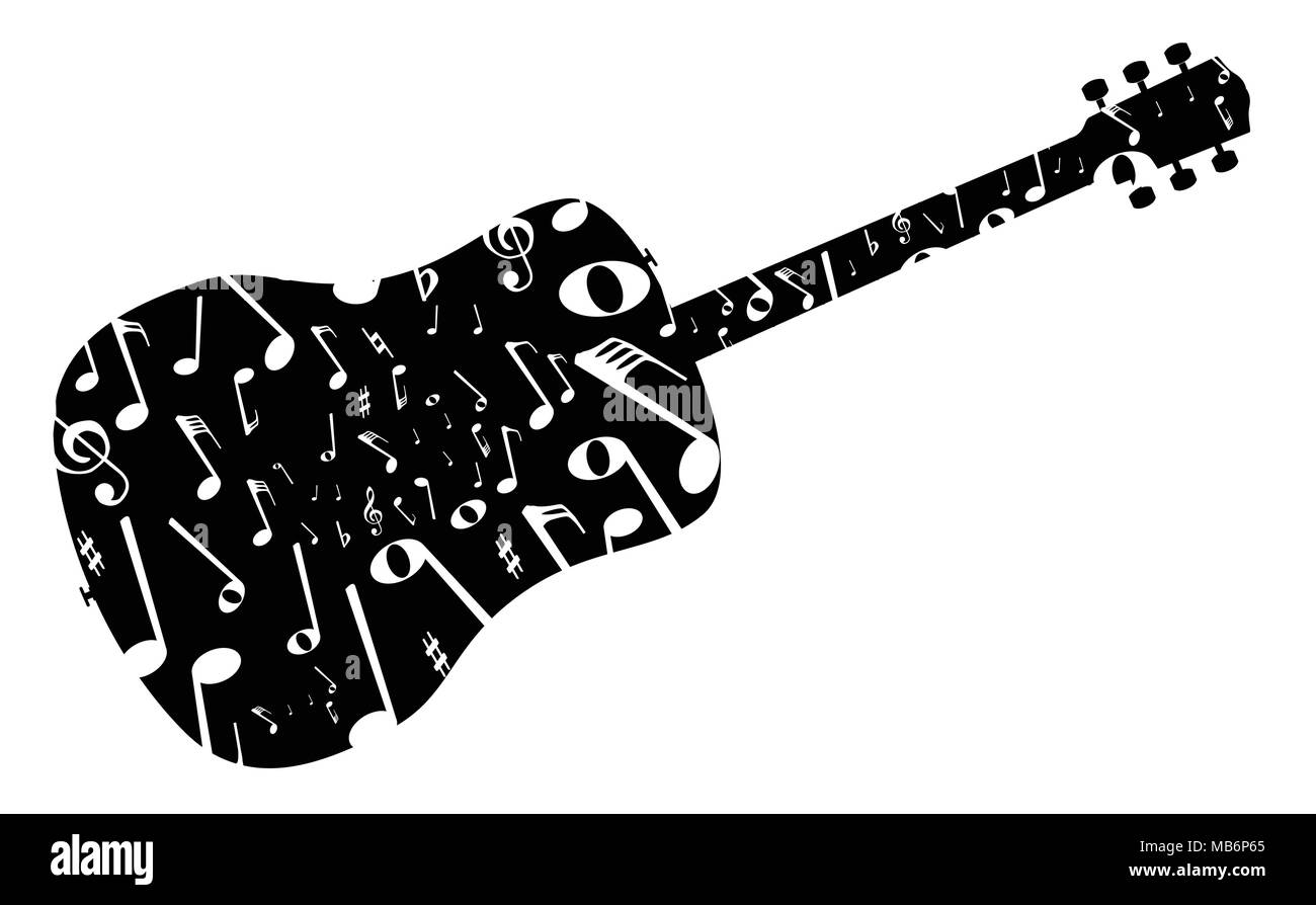 A typical acoustic guitar silhouette with musical notes isolated over a white background. Stock Vector