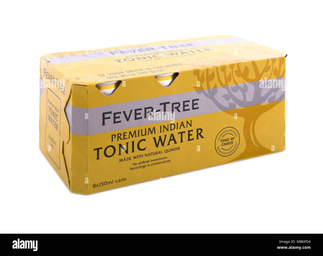 SWINDON, UK - APRIL 06, 2018: Fever Tree Premium Indian Tonic Water 8 Pack of 150ML Cans on a white background Stock Photo