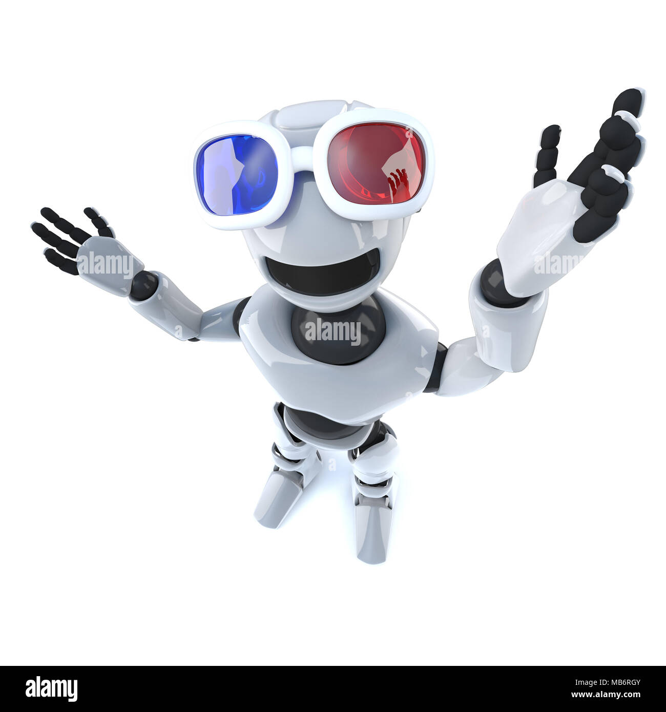 3d render of a funny cartoon robot mechanical man wearing 3d glasses Stock Photo