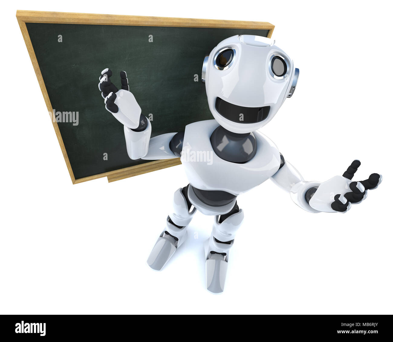3d render of a funny cartoon mechanical robot character standing in front of a blackboard Stock Photo