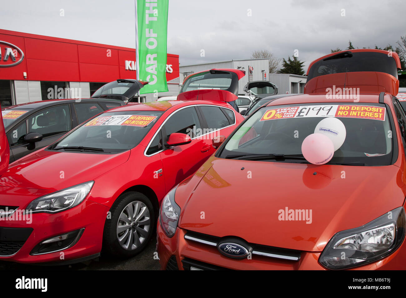 Motor dealer forecourt; Second hand used cars for sale, for low monthly