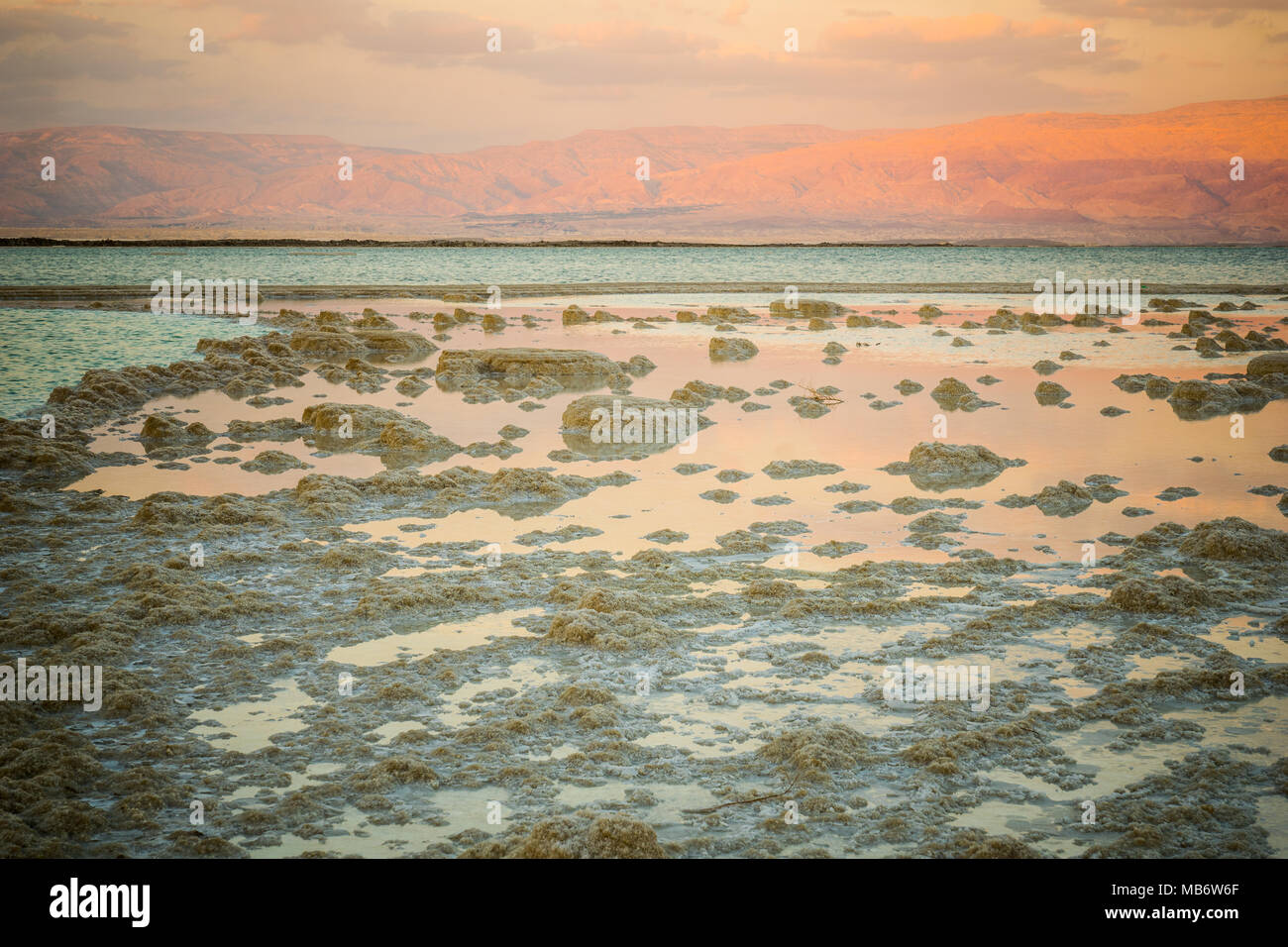 Sunset view of salt formations in the Dead Sea, between Israel and Jordan Stock Photo