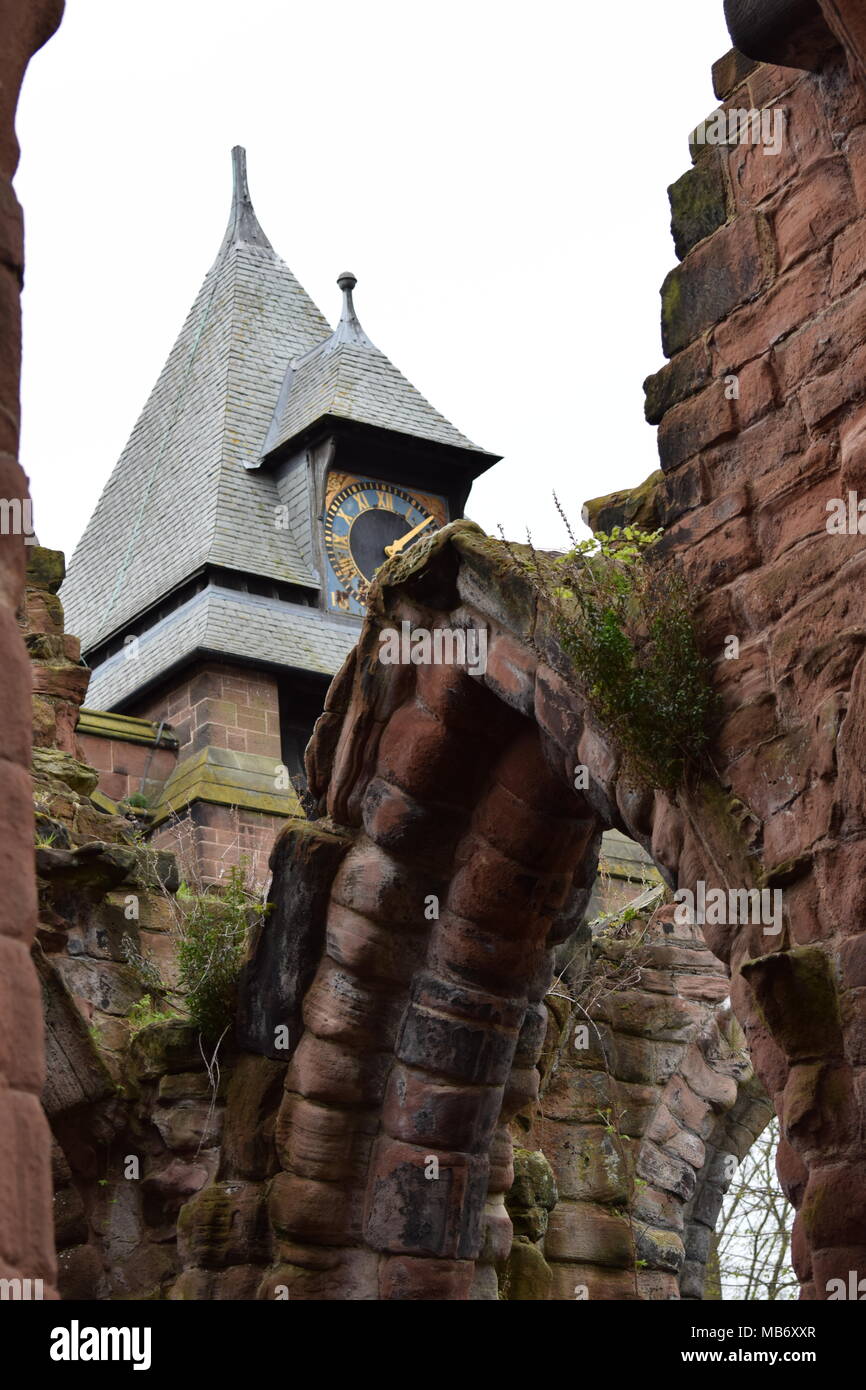 Ruins of Chester's St John's the baptists church's abbey and the clock tower of St John's church Stock Photo