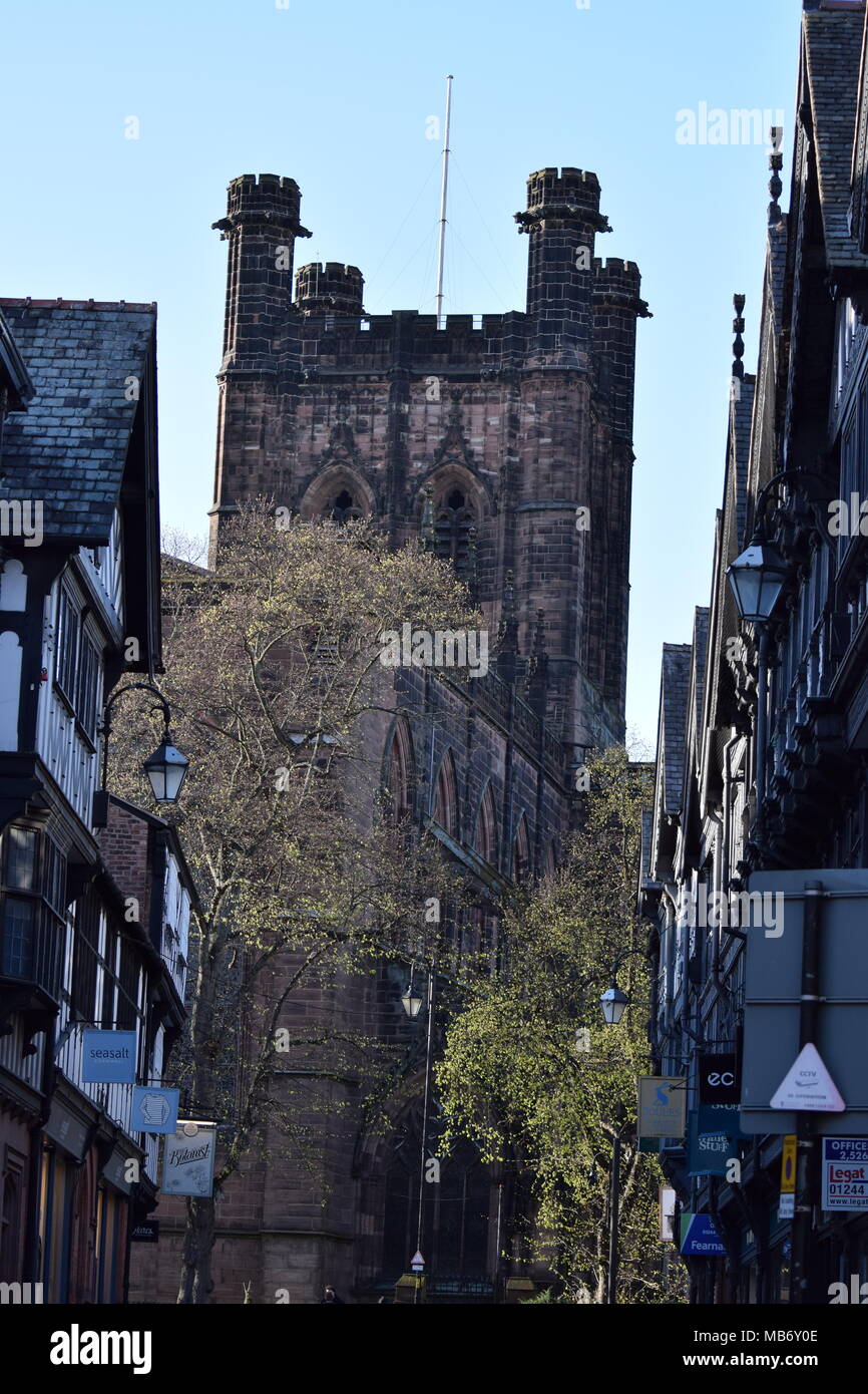 Chester's Anglican cathedral looking from Eastgate street Stock Photo