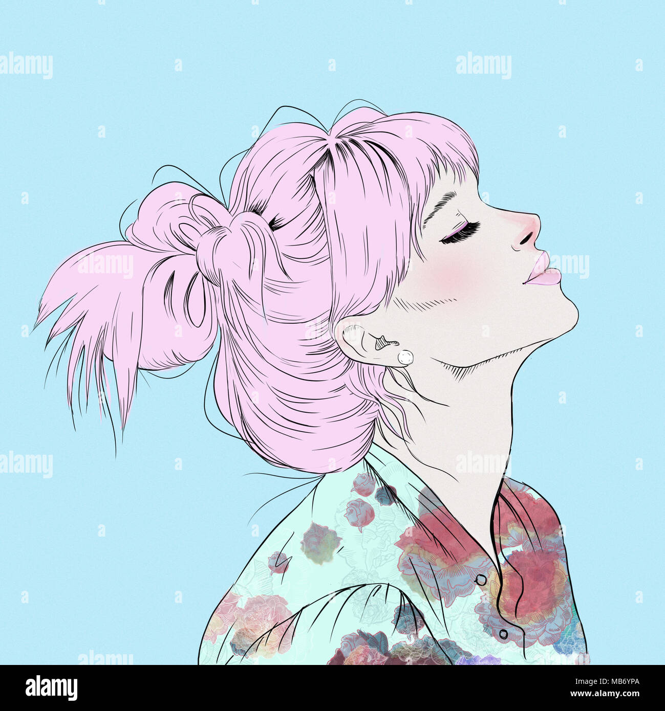 Profile illustration of a beautiful girl with pink hair Stock Photo