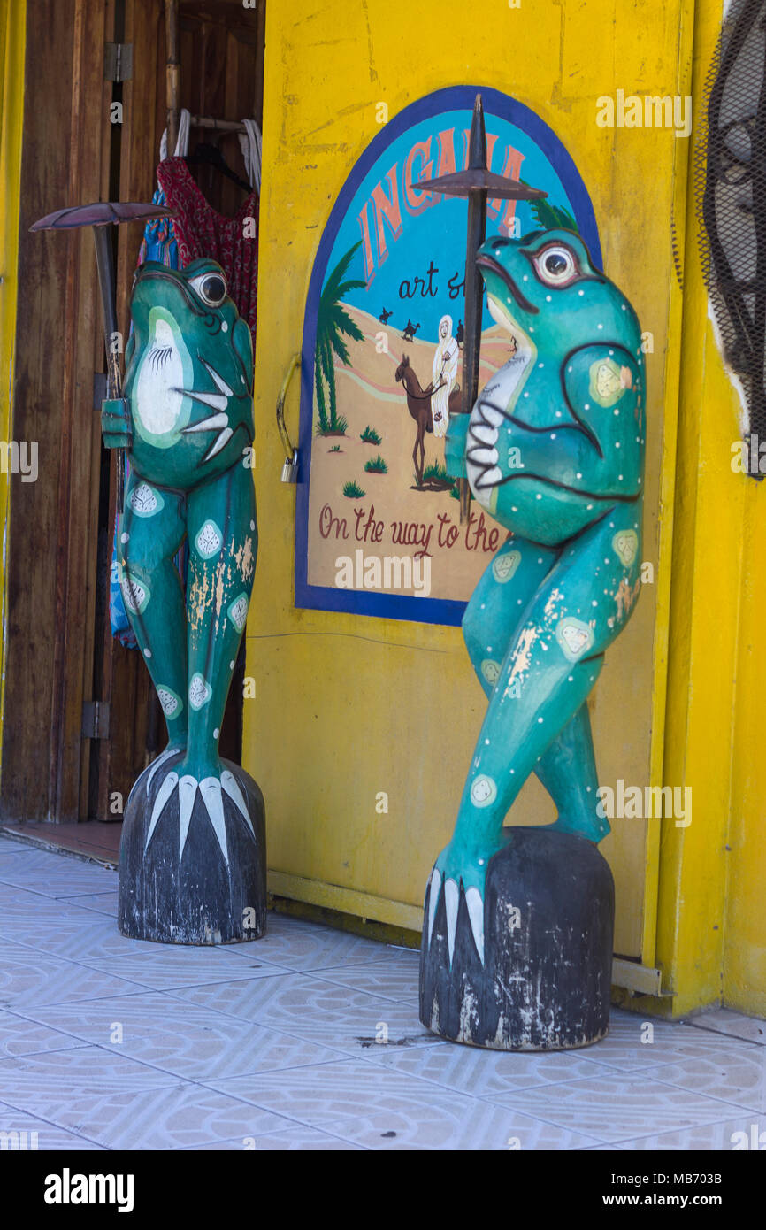 Ornamental frog statues outside a French creperie in Boquete, Panama Stock Photo
