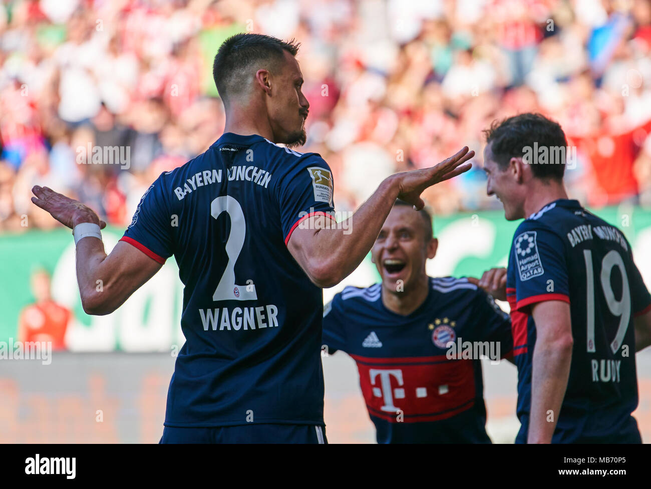 FC Bayern Munich Soccer, Munich, April 07, 2018 Sandro WAGNER, FCB 2    goals for 1-4 Cheering, joy, emotions, celebrating, laughing, cheering, rejoice, tearing up the arms, clenching the fist,  FC AUGSBURG - FC BAYERN MUNICH 1-4 1.German Soccer League , Augsburg, April 07, 2018,  Season 2017/2018 © Peter Schatz / Alamy Live News Stock Photo