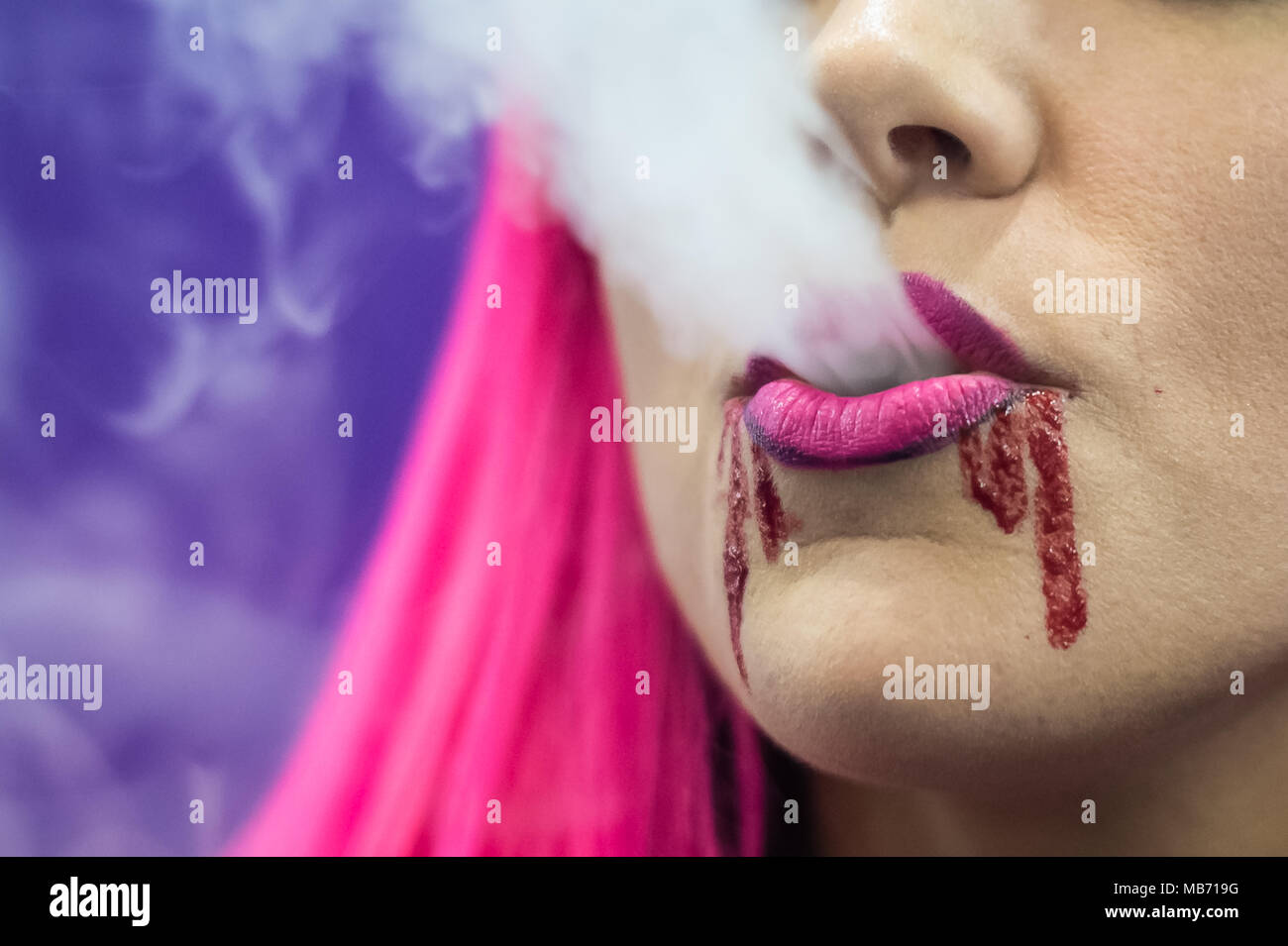 London, UK. 7th April, 2018. Vape Jam UK sees hundreds of vaping enthusiasts and electronic cigarette businesses attend the fourth instalment of Vape Jam convention at ExCeL London. Credit: Guy Corbishley/Alamy Live News Stock Photo