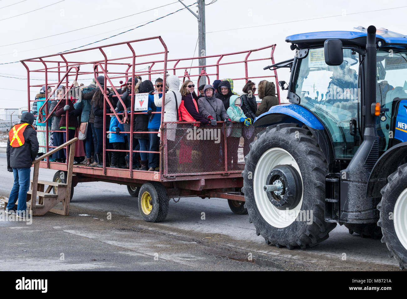 Elmira, Ontario Canada. 07 April 2018. Elmira Maple Syrup Festival 2018, World's largest single day syrup festival. Shuttle service from parking lot to festival area. Performance Image/Alamy Live News Stock Photo