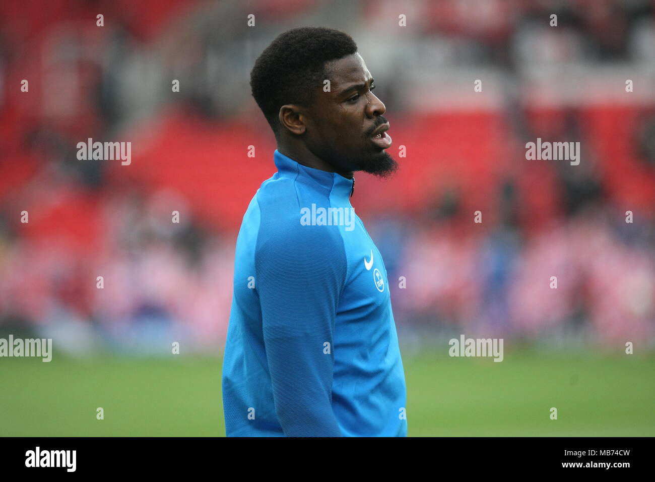 Stoke, UK. 7th April 2018. Stoke, Staffordshire, UK. 7th April, 2018. Tottenham Hotspur players warm up ahead of their 2-1 win over Stoke City at the Bet 365 Stadium.  Pictured: Serge Aurier of Tottenham Hotspur Credit: Simon Newbury/Alamy Live News Stock Photo