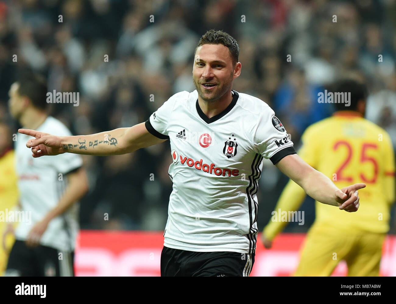 Istanbul, Turkey. 7th Apr, 2018. Dusko Tosic of Besiktas celebrates scoring  during 2017-2018 Turkish Super League match between Besiktas and Goztepe in  Istanbul, Turkey, on April 7, 2018. Besiktas won 5-1. Credit